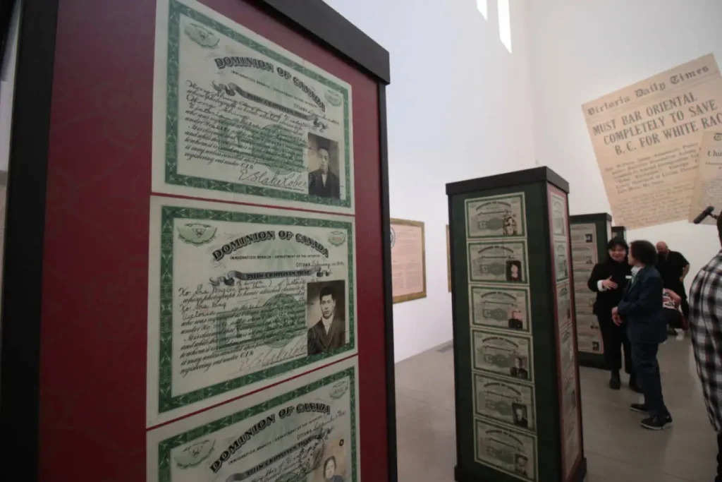 People walk through the Chinese Canadian Museum in Vancouver’s Chinatown Saturday (July 1, 2023) during the first public opening day of the museum. The feature exhibit is The Paper Trail, depicting the 100th anniversary of the Chinese Exclusion Act. (Lauren Collins)